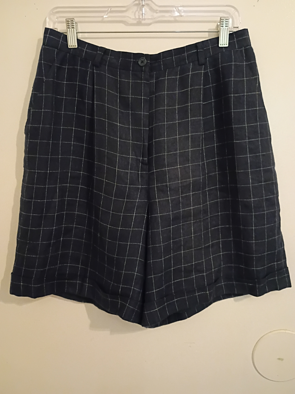 Ralph Lauren Women's Navy Windowpane Pleated-Front Shorts 100% Linen Sz 12 W30